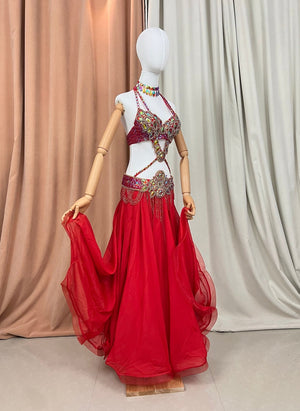 Belly Dance Costume Women Red Embellished Chiffon Halter Bra and Skirt Set