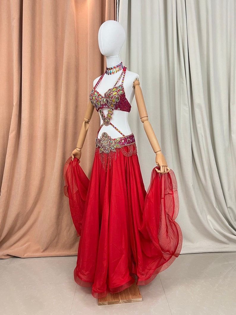Belly Dance Costume Women Red Embellished Chiffon Halter Bra and Skirt Set