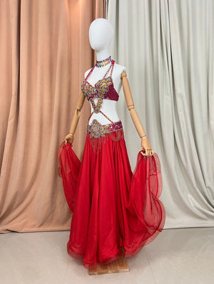 Belly Dance Costume Women Red Embellished Chiffon Halter Bra and Skirt Set