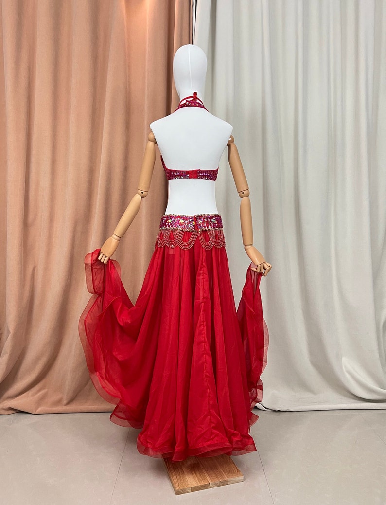 Belly Dance Costume Women Red Embellished Chiffon Halter Bra and Skirt Set
