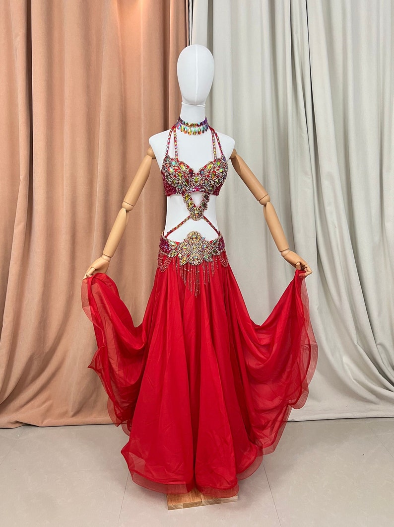 Belly Dance Costume Women Red Embellished Chiffon Halter Bra and Skirt Set