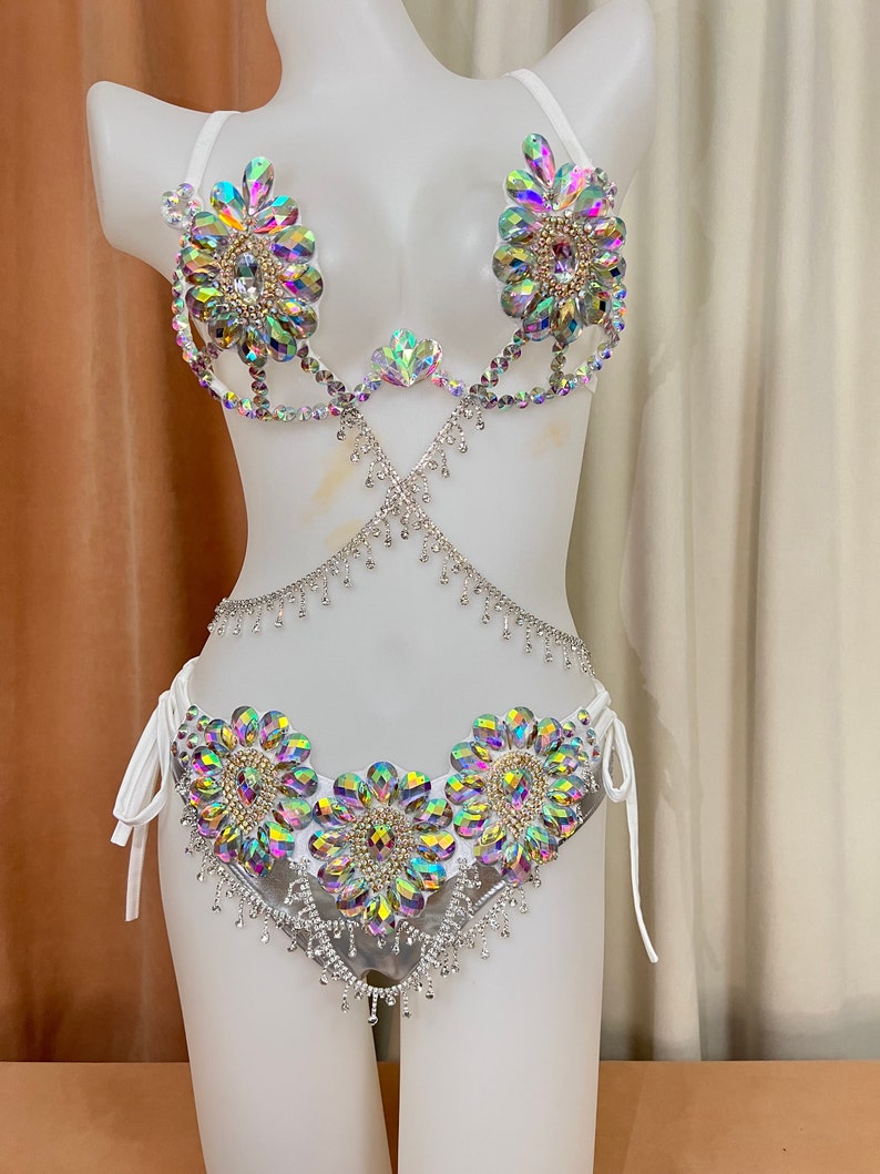 Rhinestone Crystal Embellished Women's White Bikini Top & Bottom Set with Draped Chains, Belly Dance Costume