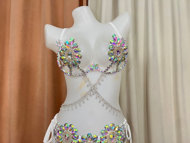 Rhinestone Crystal Embellished Women's White Bikini Top & Bottom Set with Draped Chains, Belly Dance Costume