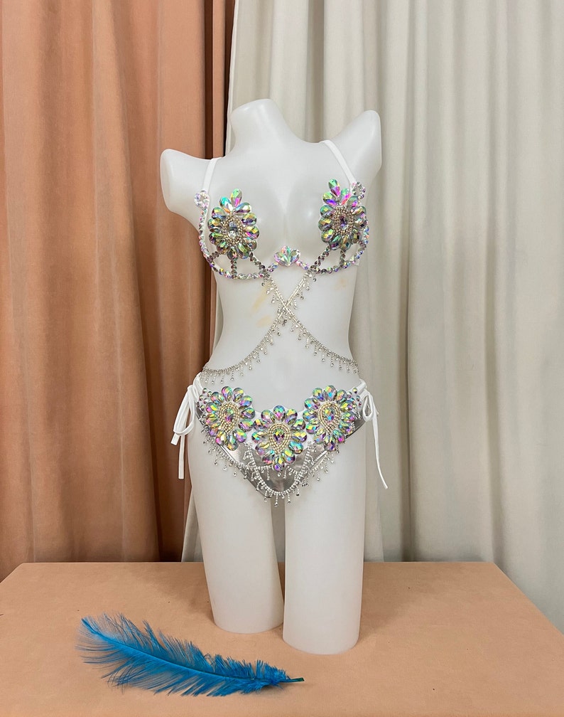 Rhinestone Crystal Embellished Women's White Bikini Top & Bottom Set with Draped Chains, Belly Dance Costume