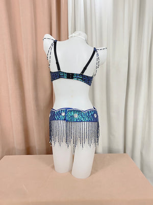 Belly Dance Costume Women Blue Green Sequin Beaded Bra and Hip Scarf Set with Draped Chains and Rhinestone Accents