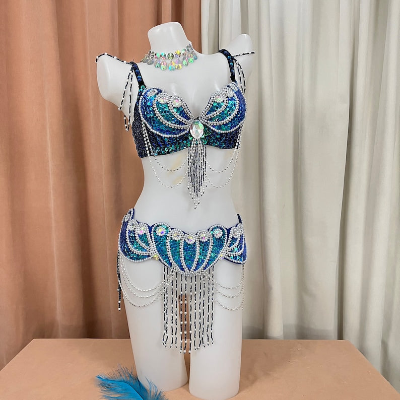 Belly Dance Costume Women Blue Green Sequin Beaded Bra and Hip Scarf Set with Draped Chains and Rhinestone Accents