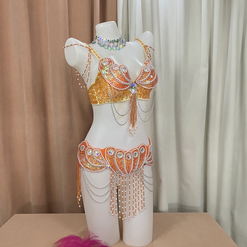 Belly Dance Costume Women Blue Green Sequin Beaded Bra and Hip Scarf Set with Draped Chains and Rhinestone Accents