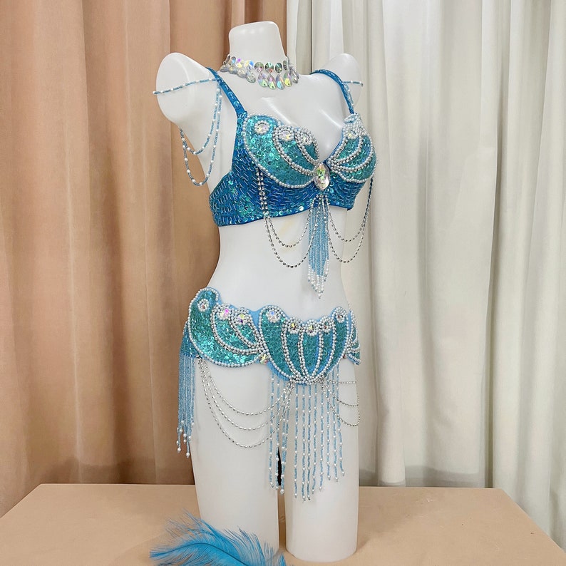 Belly Dance Costume, Women's Blue Sequin & Bead Embellished Mermaid Shell Bra and Hip Scarf Set, Tribal Fusion Dancewear