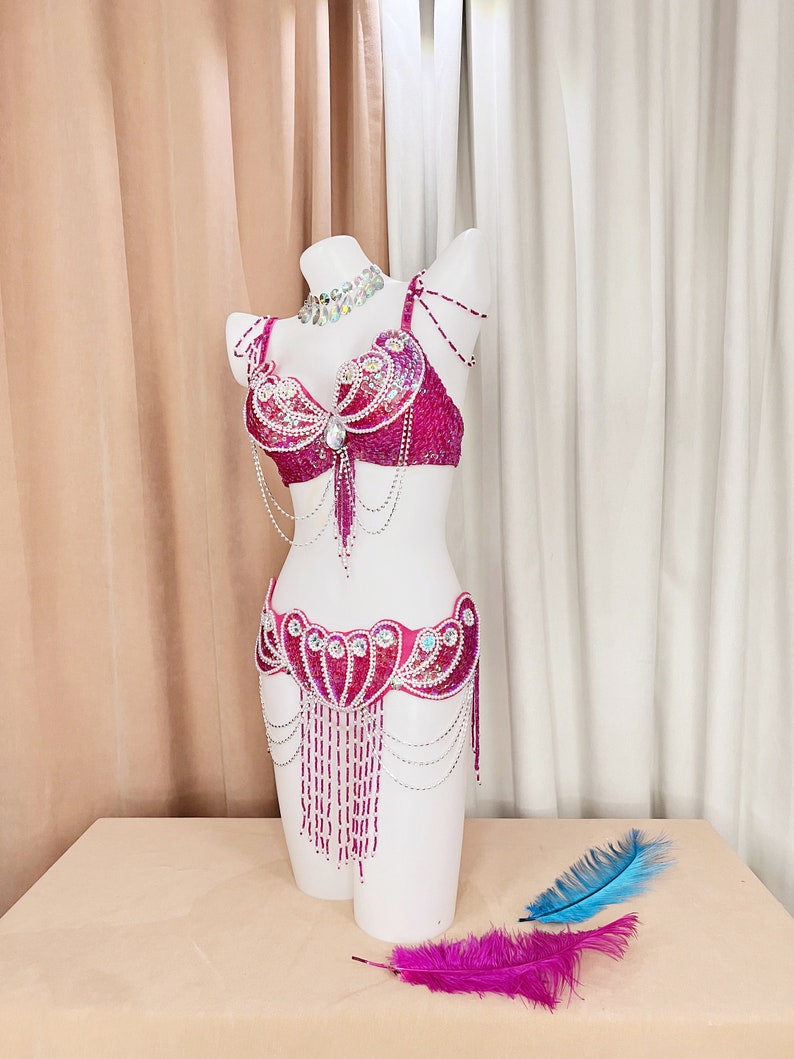 Belly Dance Costume, Women's Blue Sequin & Bead Embellished Mermaid Shell Bra and Hip Scarf Set, Tribal Fusion Dancewear