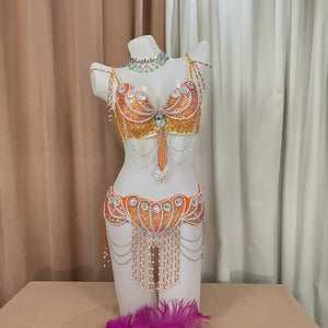 Belly Dance Costume Women's Pink Sequin & Bead Embellished Bra and Belt Set with Draping Chains & Choker