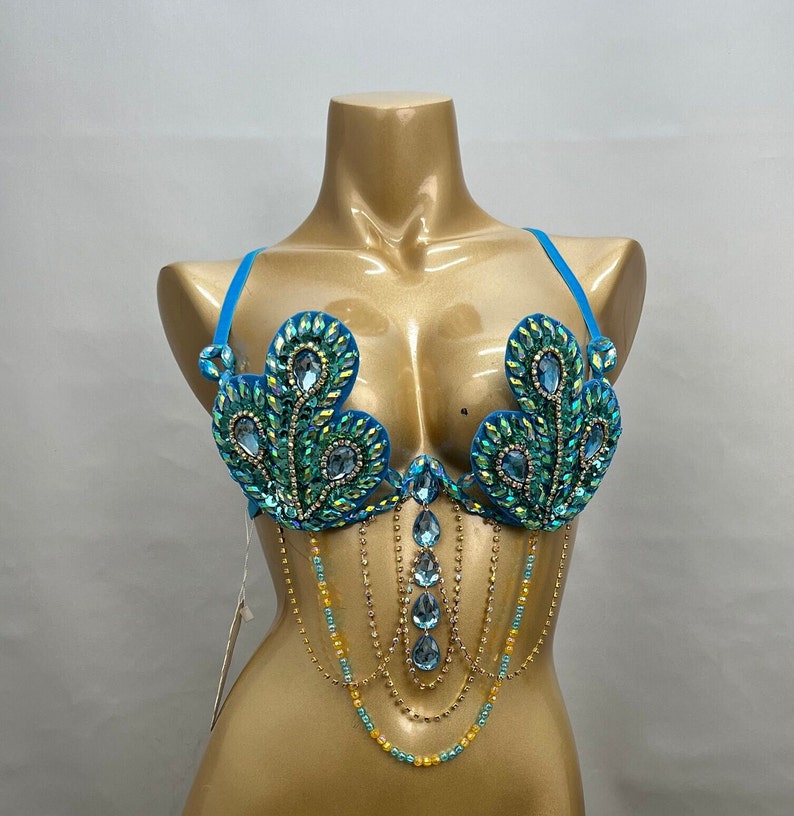 Carnival Dance Costume Top, Women's Blue Embellished Rhinestone Peacock Bra with Gold Chain Draping, Samba Dancewear