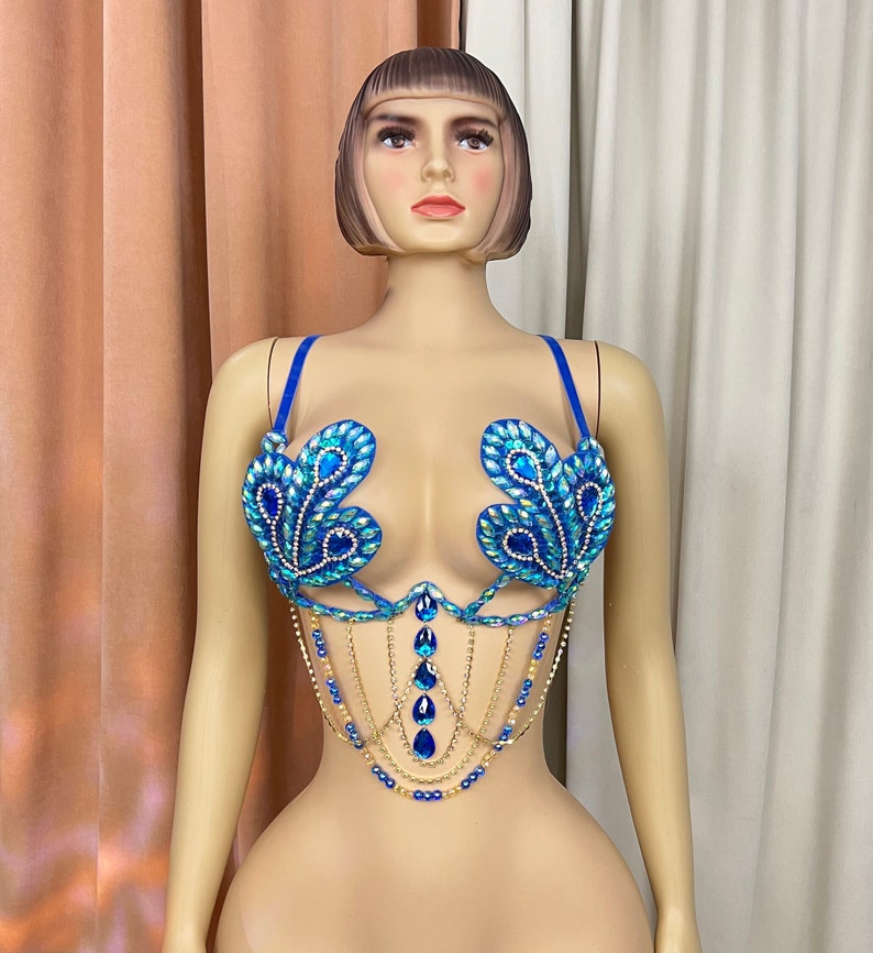 Carnival Dance Costume Top, Women's Blue Embellished Rhinestone Peacock Bra with Gold Chain Draping, Samba Dancewear