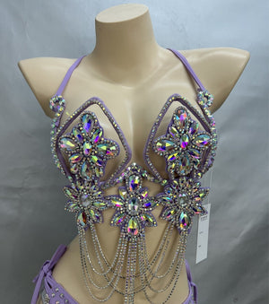 Belly Dance Costume, Women's Lavender Sequin & Rhinestone Halter Bra and Hip Scarf Set, Tribal Fusion Dancewear