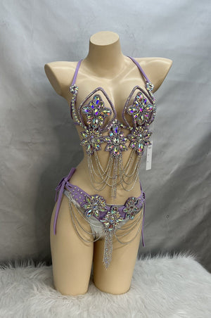 Belly Dance Costume, Women's Lavender Sequin & Rhinestone Halter Bra and Hip Scarf Set, Tribal Fusion Dancewear