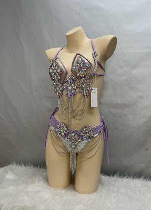 Belly Dance Costume, Women's Lavender Sequin & Rhinestone Halter Bra and Hip Scarf Set, Tribal Fusion Dancewear