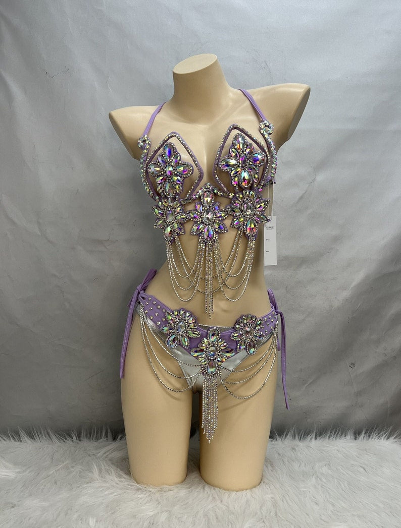 Belly Dance Costume, Women's Lavender Sequin & Rhinestone Halter Bra and Hip Scarf Set, Tribal Fusion Dancewear