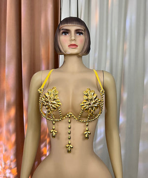 Women's Iridescent Rhinestone Crystal Rave Bra Top with Dangle Charms, Festival Dance