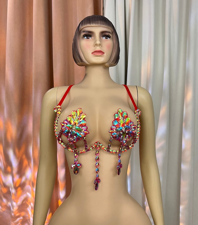 Women's Iridescent Rhinestone Crystal Rave Bra Top with Dangle Charms, Festival Dance