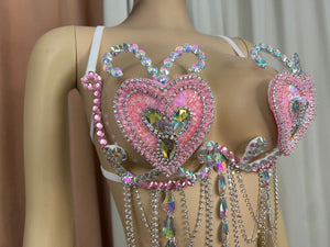 Dance Bra Women's Pink Sequin Heart Rhinestone Draped Fringe Festival Rave Top