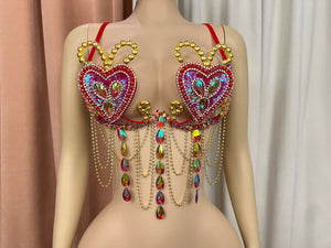 Dance Bra Women's Pink Sequin Heart Rhinestone Draped Fringe Festival Rave Top
