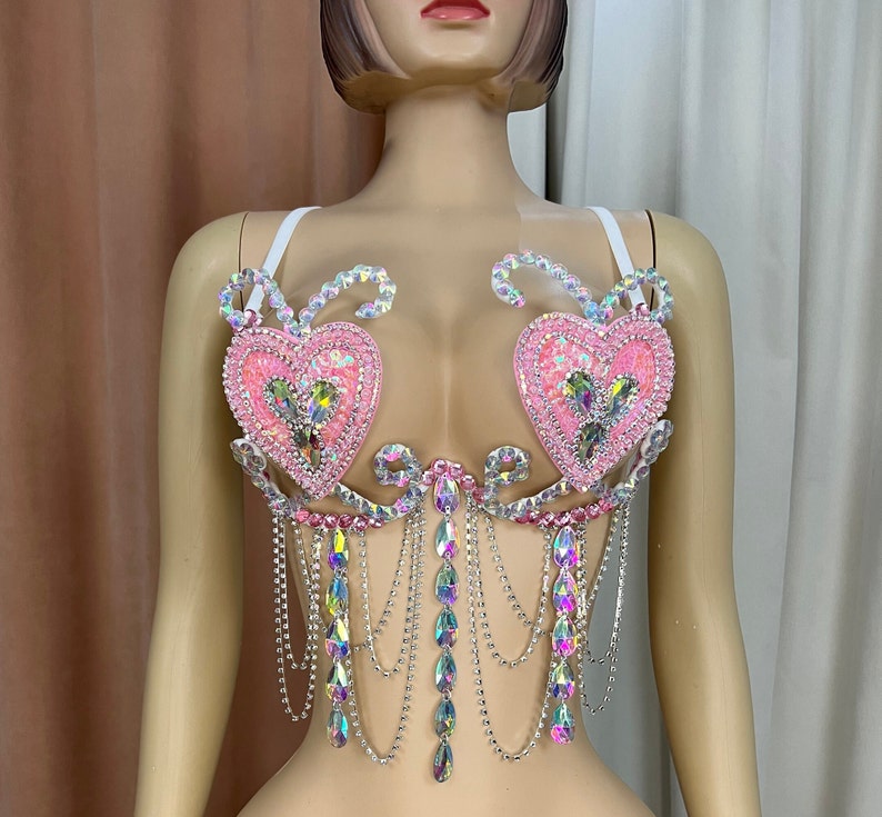 Dance Bra Women's Pink Sequin Heart Rhinestone Draped Fringe Festival Rave Top