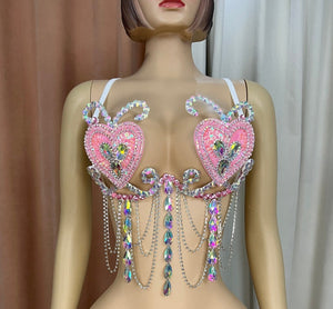 Dance Bra Women's Pink Sequin Heart Rhinestone Draped Fringe Festival Rave Top