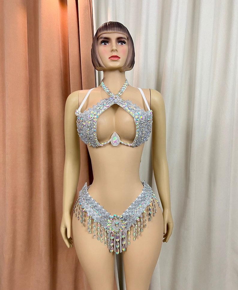 Women's Silver Iridescent Rhinestone Sequin Fringe Halter Bra & High-Waisted Briefs, Carnival Dance