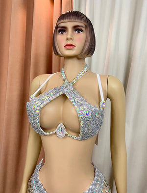 Women's Silver Iridescent Rhinestone Sequin Fringe Halter Bra & High-Waisted Briefs, Carnival Dance