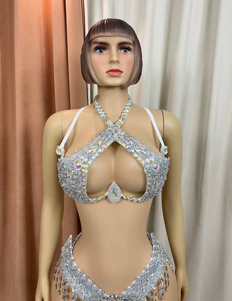 Women's Silver Iridescent Rhinestone Sequin Fringe Halter Bra & High-Waisted Briefs, Carnival Dance