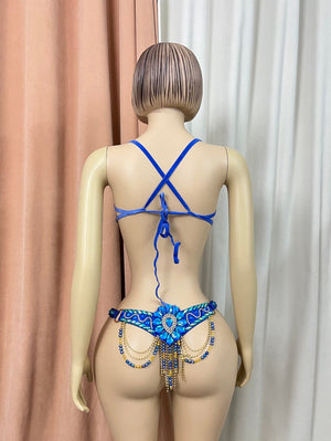 Dancewear Women's Blue Embellished Rhinestone and Beaded Two-Piece Set with Peacock Motif - Belly Dance/Carnival