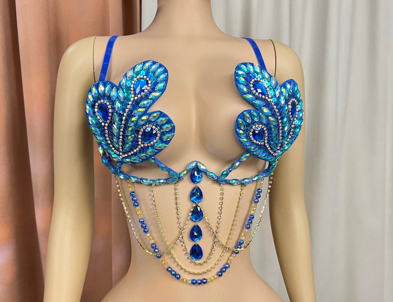 Dancewear Women's Blue Embellished Rhinestone and Beaded Two-Piece Set with Peacock Motif - Belly Dance/Carnival