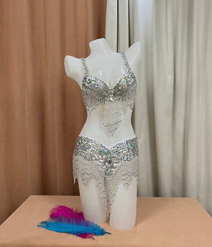 Women's Hot Pink Sequin Beaded Fringe Belly Dance Costume Set