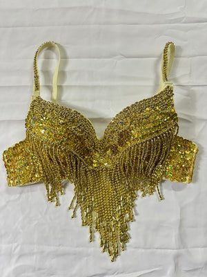 Women's White Iridescent Sequin Beaded Fringe Belly Dance Bra Top