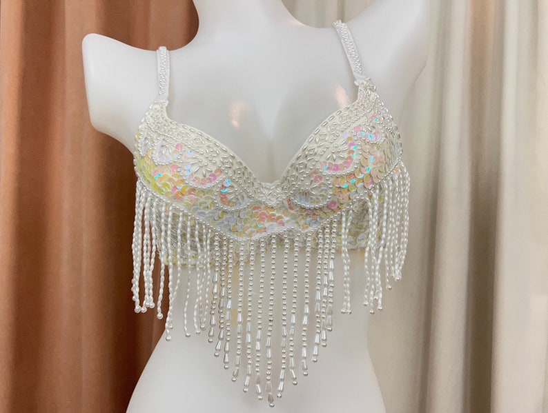 Women's White Iridescent Sequin Beaded Fringe Belly Dance Bra Top