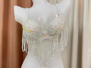 Women's White Iridescent Sequin Beaded Fringe Belly Dance Bra Top