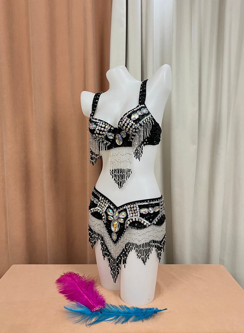 Belly Dance Costume, Women's Black & Silver Beaded Sequin Rhinestone Bra and Belt Set, Professional Dancewear