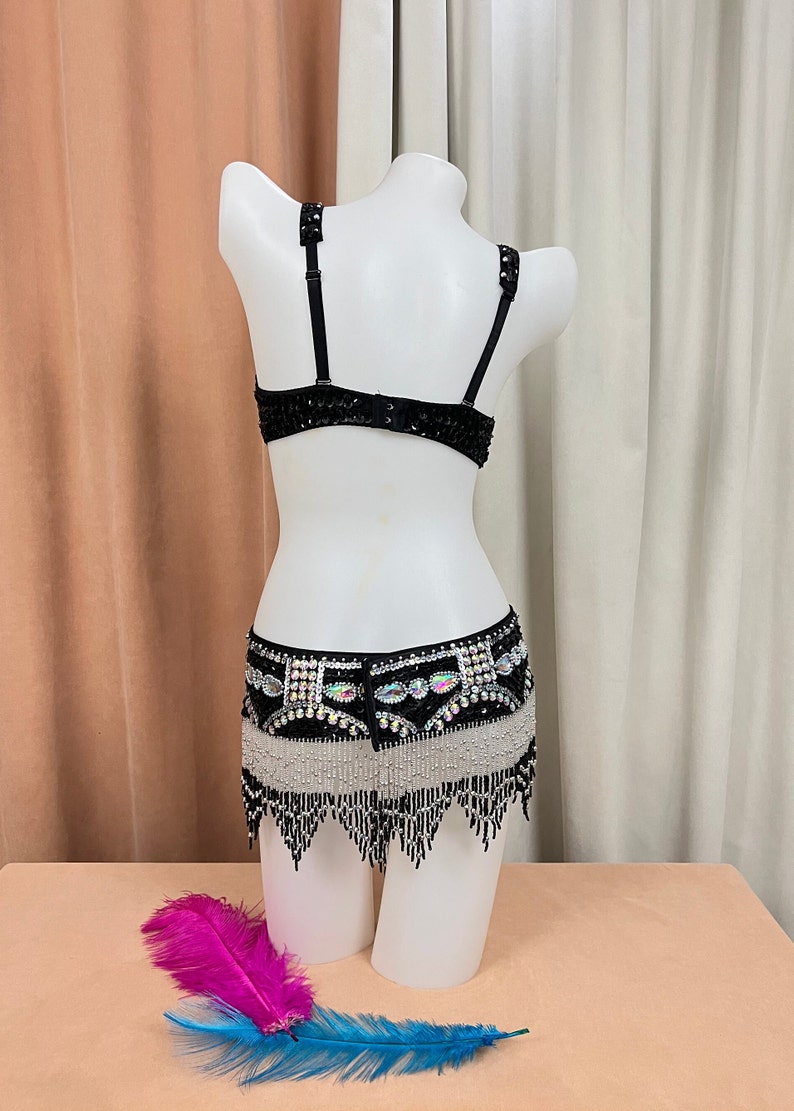 Belly Dance Costume, Women's Black & Silver Beaded Sequin Rhinestone Bra and Belt Set, Professional Dancewear