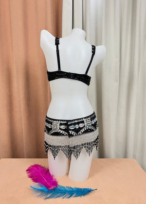 Belly Dance Costume, Women's Black & Silver Beaded Sequin Rhinestone Bra and Belt Set, Professional Dancewear