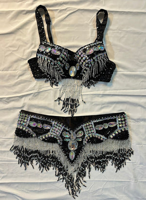 Belly Dance Costume, Women's Black & Silver Beaded Sequin Rhinestone Bra and Belt Set, Professional Dancewear
