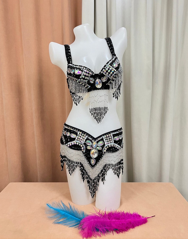 Belly Dance Costume, Women's Black & Silver Beaded Sequin Rhinestone Bra and Belt Set, Professional Dancewear