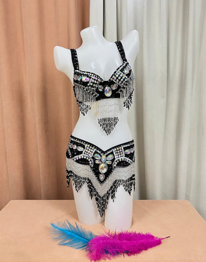 Belly Dance Costume, Women's Black & Silver Beaded Sequin Rhinestone Bra and Belt Set, Professional Dancewear