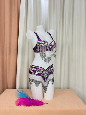 Belly Dance Costume Set, Women's Purple Sequin Beaded Fringe Bra & Belt, Professional Performance Tribal Dancewear