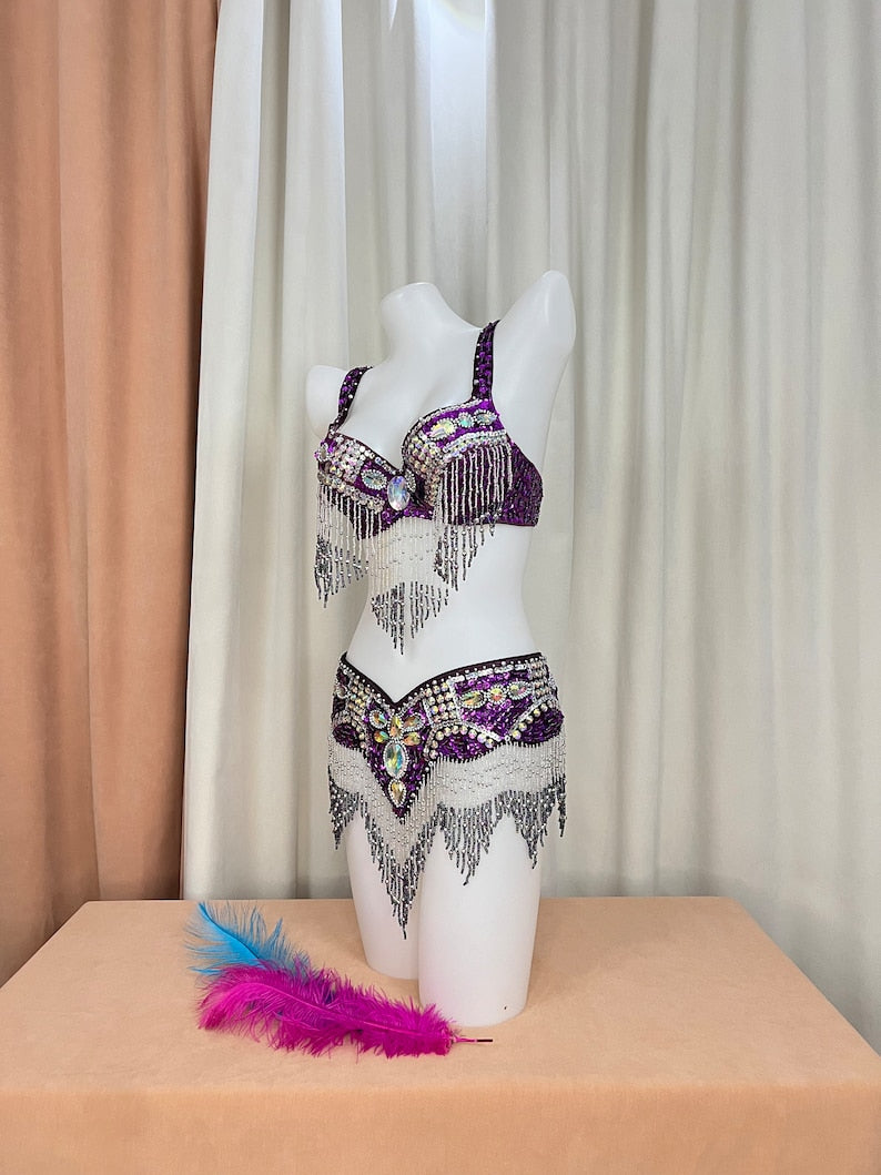 Belly Dance Costume Set, Women's Purple Sequin Beaded Fringe Bra & Belt, Professional Performance Tribal Dancewear