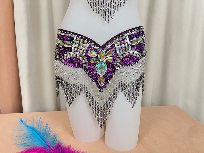Belly Dance Costume Set, Women's Purple Sequin Beaded Fringe Bra & Belt, Professional Performance Tribal Dancewear