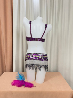 Belly Dance Costume Set, Women's Purple Sequin Beaded Fringe Bra & Belt, Professional Performance Tribal Dancewear