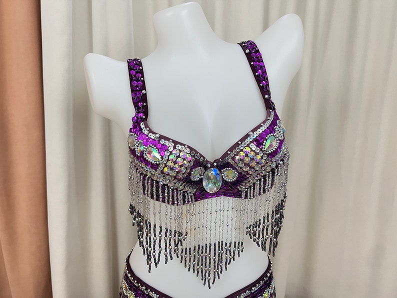 Belly Dance Costume Set, Women's Purple Sequin Beaded Fringe Bra & Belt, Professional Performance Tribal Dancewear