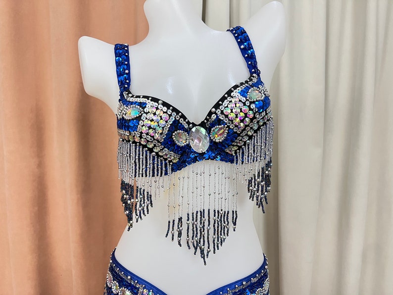 Belly Dance Costume Set, Women's Royal Blue Sequin & Beaded Bra and Belt, Fringe Embellished, Professional Performance Wear