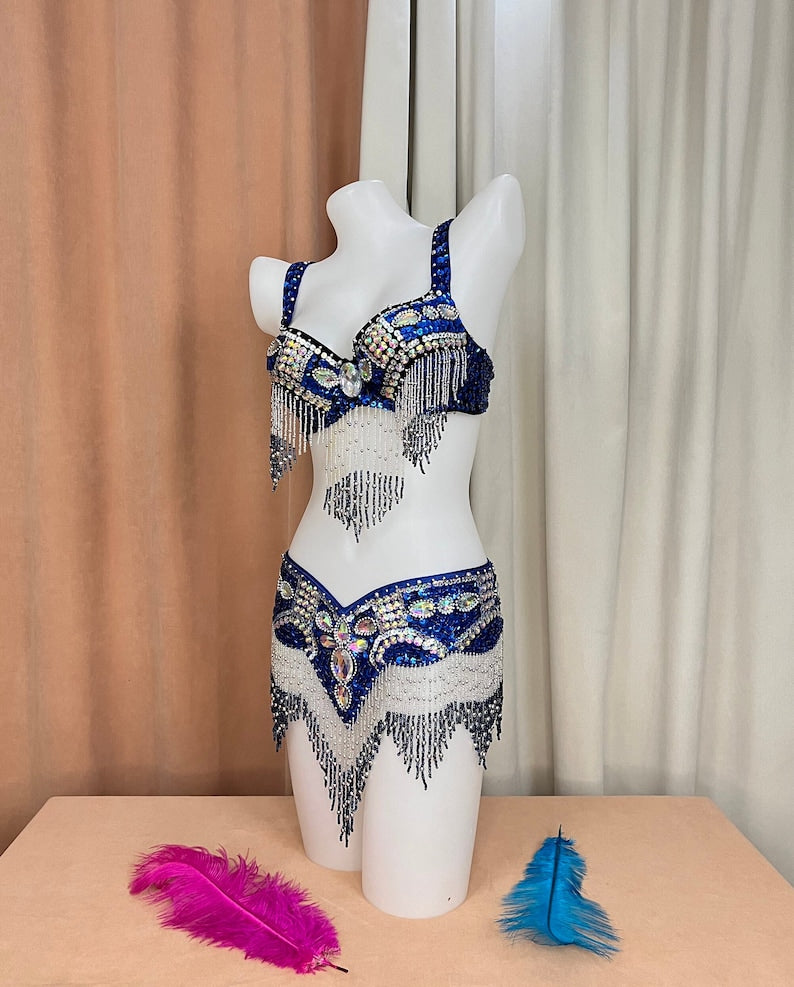 Belly Dance Costume Set, Women's Royal Blue Sequin & Beaded Bra and Belt, Fringe Embellished, Professional Performance Wear