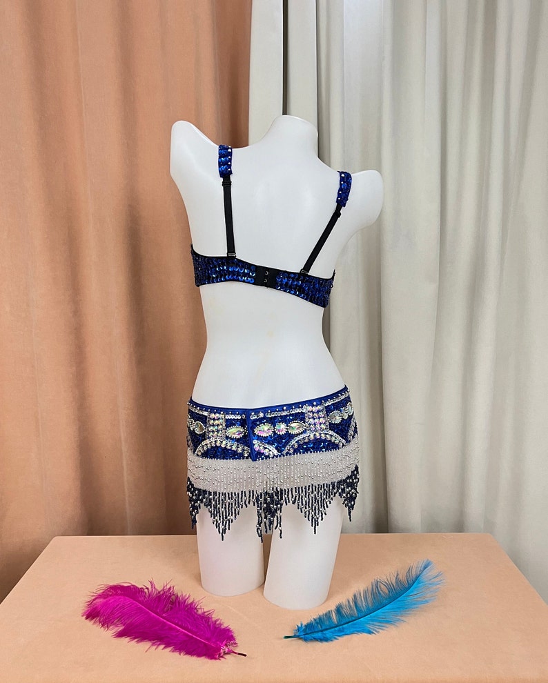 Belly Dance Costume Set, Women's Royal Blue Sequin & Beaded Bra and Belt, Fringe Embellished, Professional Performance Wear