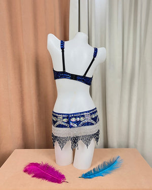 Belly Dance Costume Set, Women's Royal Blue Sequin & Beaded Bra and Belt, Fringe Embellished, Professional Performance Wear